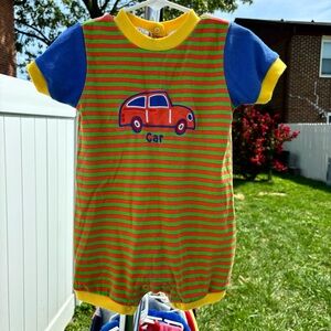 VTG Y2K SIMPLY BASIC GREEN RED YELLOW STRIPED CAR PATCH ROMPER BOYS SIZE 18M
